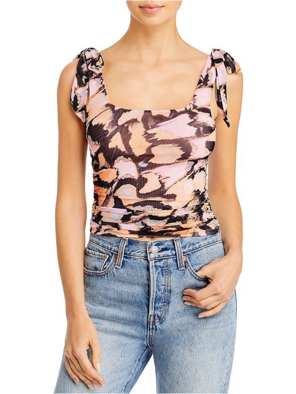 Free People Avenue Abstract Print Tie Shoulder Crop Tank Top Black Small